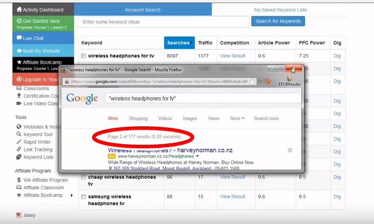 Shows how the Wealthy Affiliate free keyword tool used to display Googles quoted search results (QSR)