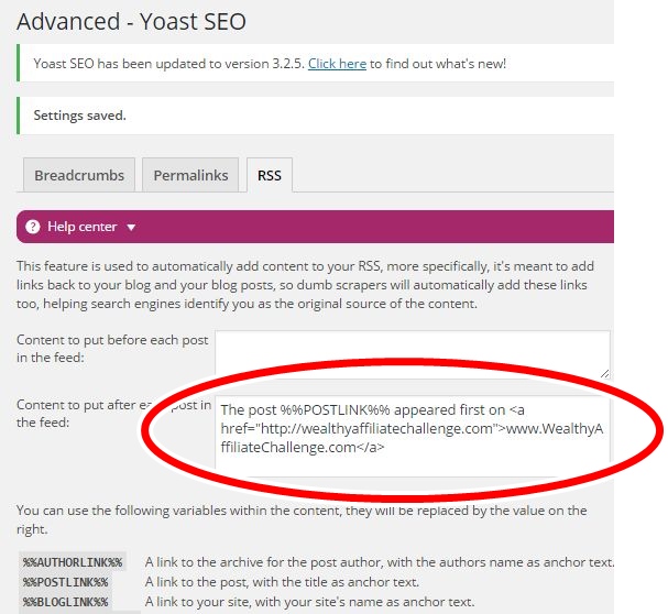 Setting up the Yoast RSS attribution to get do follow links
