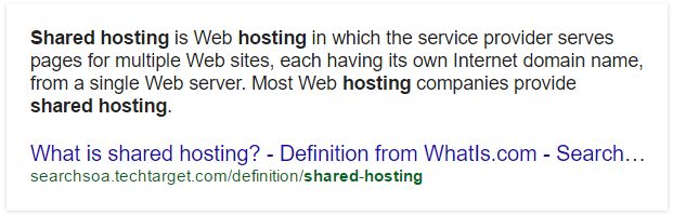 Screenshot from Google search results answering what is shared hosting