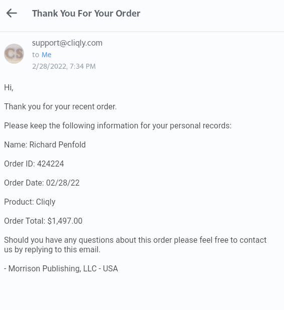 My Cliqly order confirmation 22.02.2022